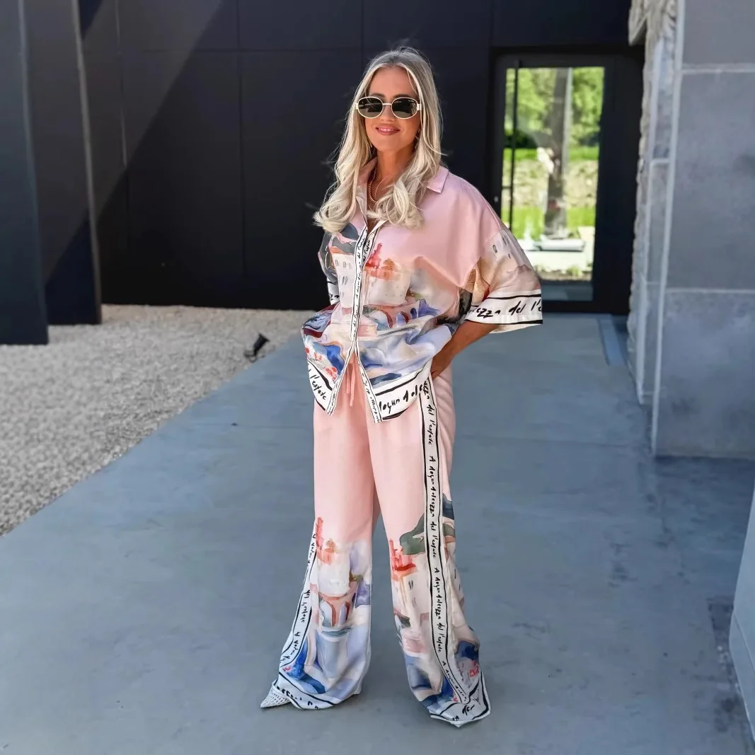Autumn New Half-sleeved Printed Shirt Trousers For Women 2-piece Set Loose Simple Casual Elegant Female Streetwear Trousers Suit image 3