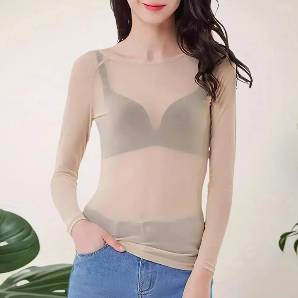 

See-through Mesh Bottoming Tops Women O-Neck Long Sleeve Slim Fit Shirt Sexy Clear Sun Protection Gauze Tops