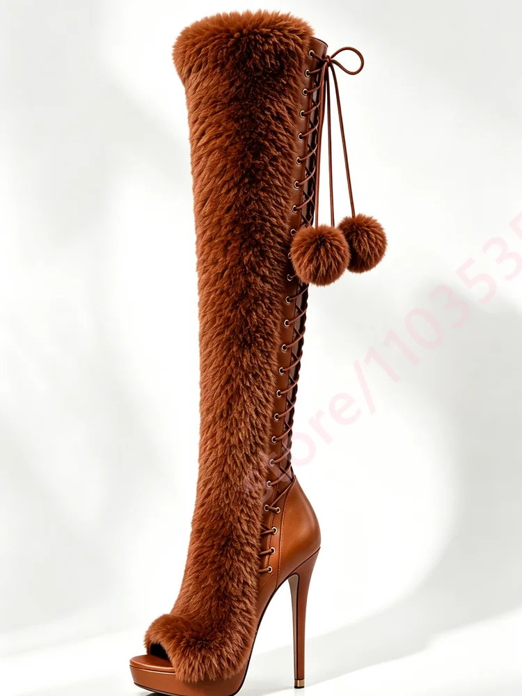 Women Over The Knee Boots Open Toe Platform Stiletto High Heel Pom Pom Decor Back Lace Up Winter Party Club Fashion Dress Boots