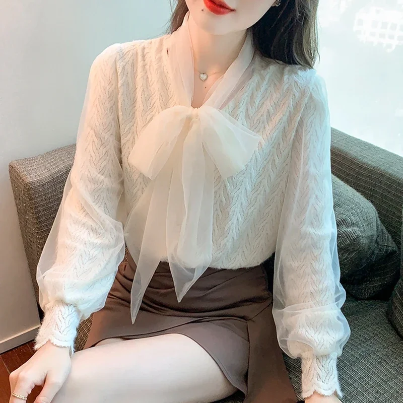 Autumn Winter Long Sleeve Blouses Women 2024 Korean Fashion Clothing Streetwear Blusas Mujer Elegant Bow Neck Lace Tops Shirts