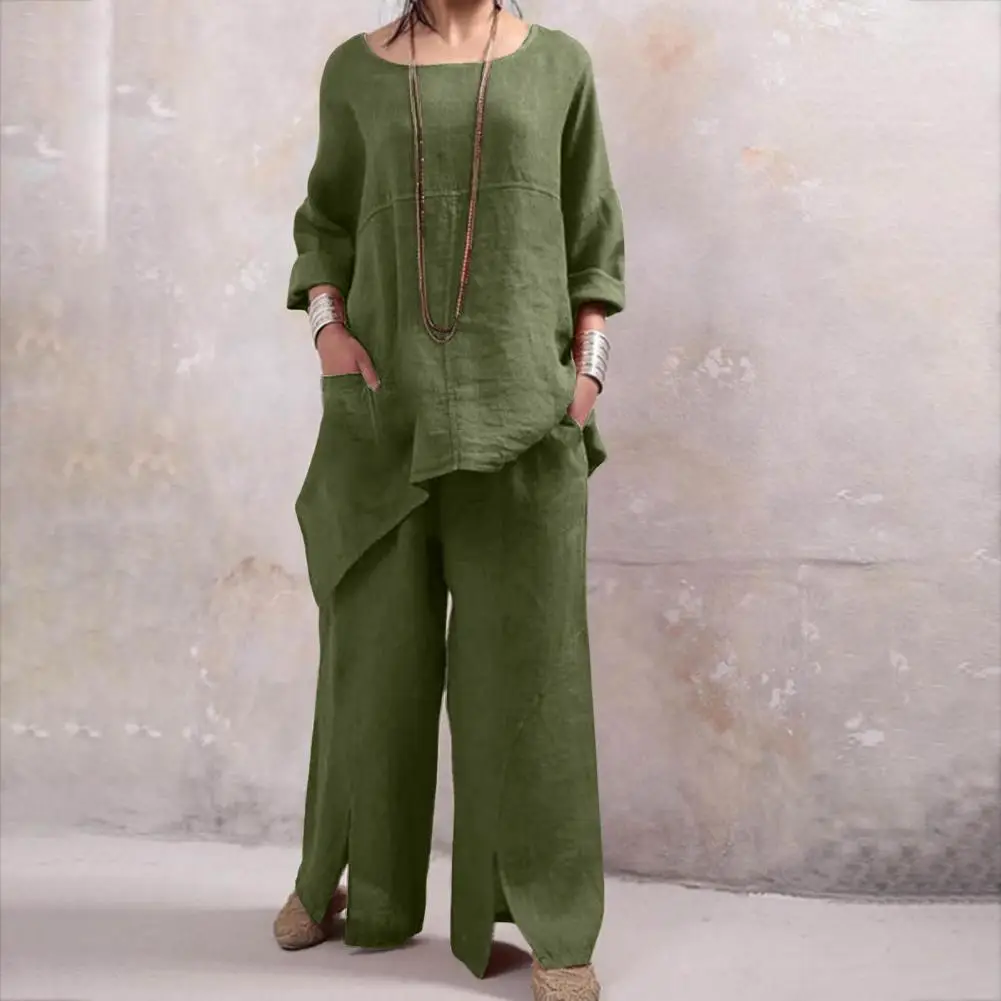 

Loose Fit Pants Suit Elastic Waist Pants Suit Women's 2-piece Set Loose Solid Color Top with Irregular Hem Wide Leg Pants Round