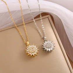 Double-layer Rotatable Sunflower Necklaces For Women Girl Chain Choker Stainless Steel Jewelry Accessories