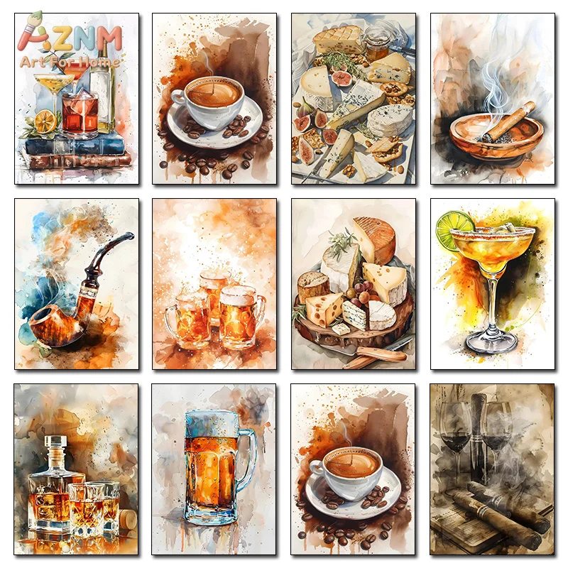 AZNM Watercolor Bar Canvas Print Whiskey Coffee Cocktail Cigar Cheese Board Vintage Brown Tone Man Cave Unframed Wall Poster Dec