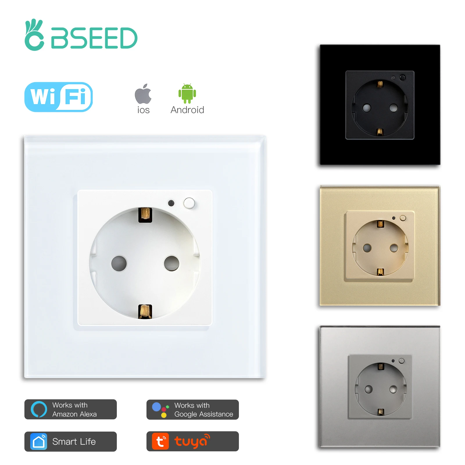 BSEED EU Gniazdo ścienne Tuya Smart Socket Wifi Gniazdka elektryczne Monitor zasilania Google Smart Life Alexa Sterowanie głosowe Panel szklany