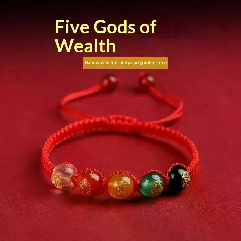 Five Wealth Gods Red String Bracelet Glass Beads Lucky Blessing For Daily Wear Gifting To Family Friends