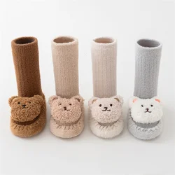 Infant Leather Sole Shoes Velvet Thicken Warm Baby First Walking Socks Shoe Cartoon Bear Toddler Floor Sock 0-18M Autumn Winter