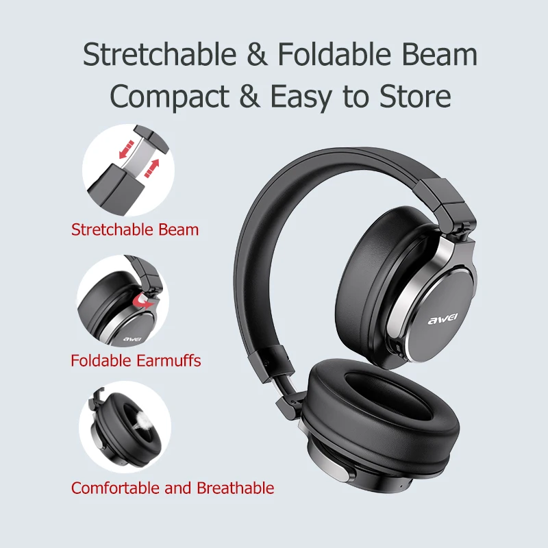 Awei-A710BL ANC Auscultadores com cancelamento de ruído ativo, Bluetooth com áudio de alta resolução, Over Ear, Headset sem fio com microfone