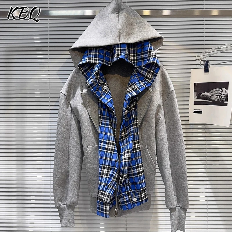 

KBQ Hit Color Patchwork Pockets Loose Jacket For Women Hooded Long Sleeve Spliced Zipper Temperament Coats Female Autumn Fashion