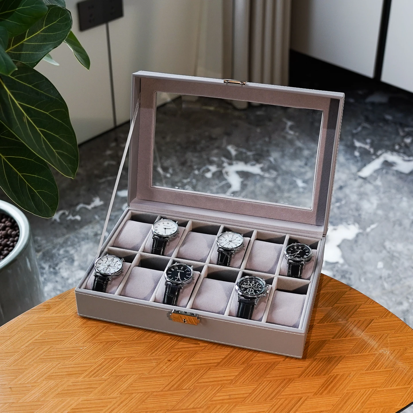 gray-pu-leather-watch-storage-box-12-slot-display-case-jewelry-gift-rack-dustproof-home-organization-accessories-display-stand