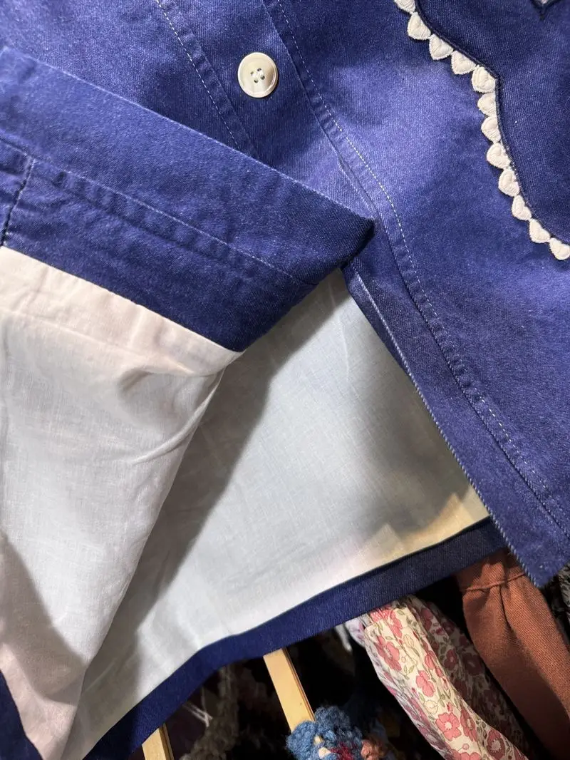 ヴィンテージデニム綿かわいいかわいいフリルレース弓刺繍ルーズベスト女性森ガールレトロシックなゴブリンコアロリータ甘いベスト