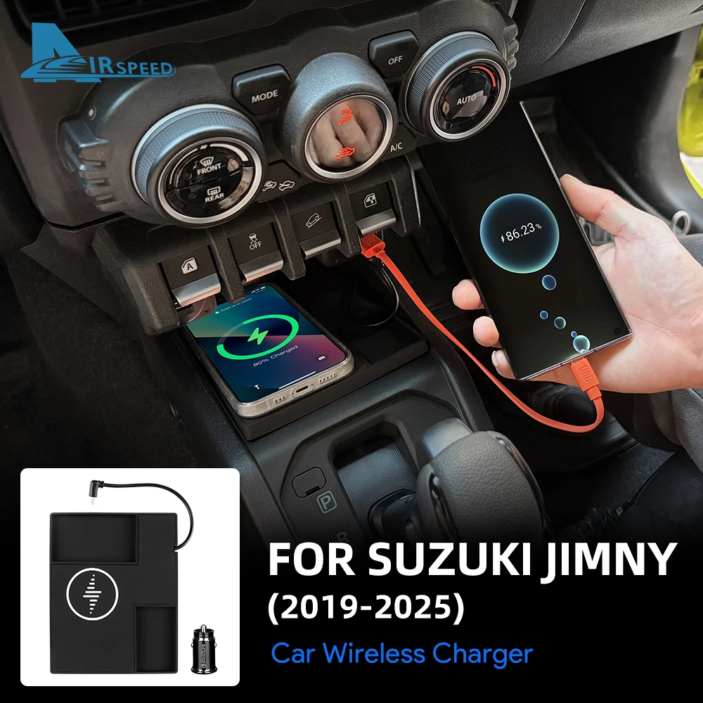 

For Suzuki Jimny 2019-2025 Car Wireless Charger Phone Mount Left Hand Drive LHD Silicone Holder Fast Qi Charging Accessory Black
