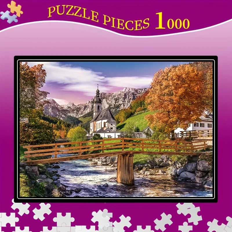 จิ๊กซอว์บาวาเรียนฤดูใบไม้ร่วง 1,000 ชิ้น - ทิวทัศน์เยอรมันพร้อมบ้าน สะพาน และปราสาท - ขอบต่อกันแน่น แข็งแรง สีสันสดใส - Ch