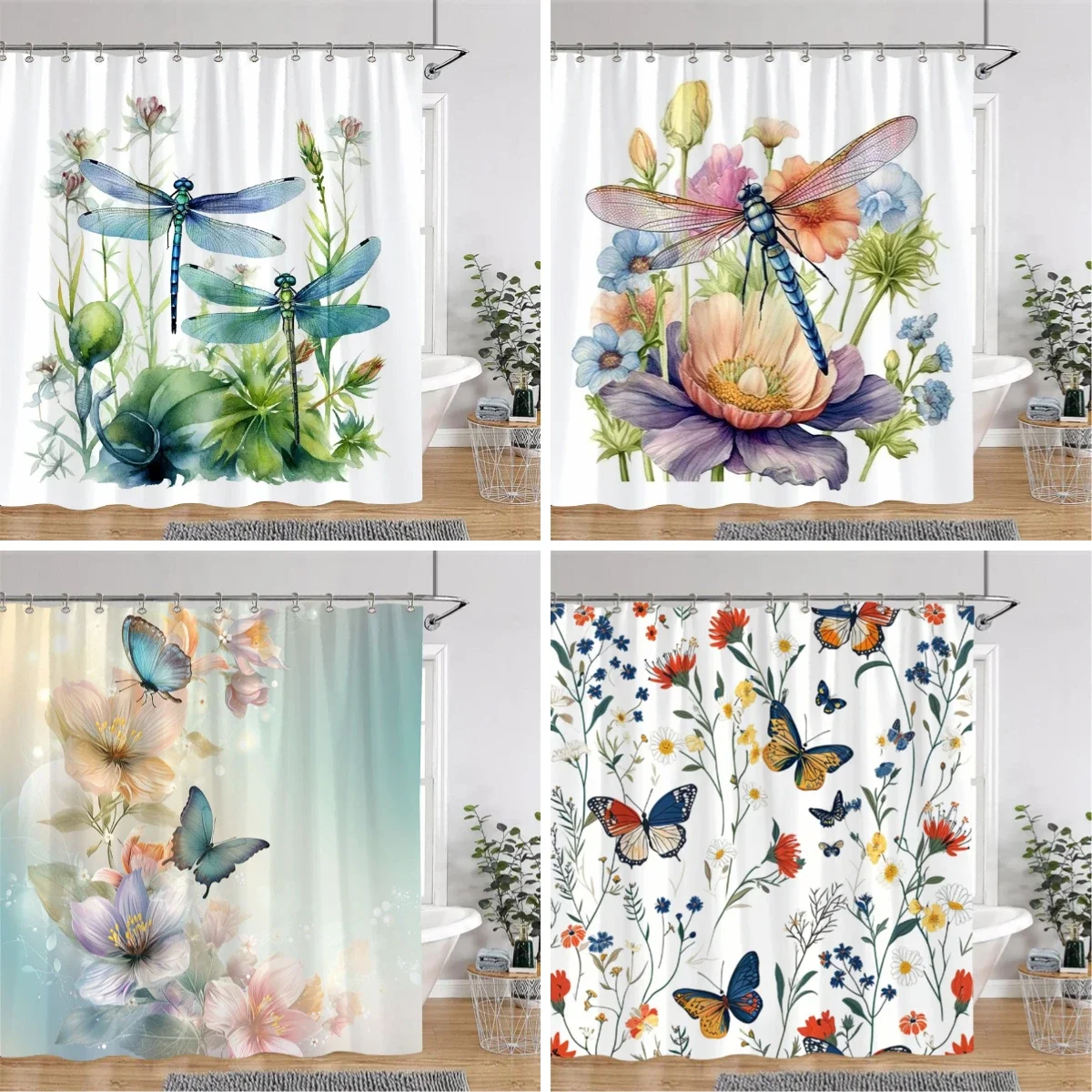 Beautiful Dragonfly Shower Curtain Colourful Butterflies Watercolour Style Printed Pattern Fabric Shower Curtains Bathroom Decor