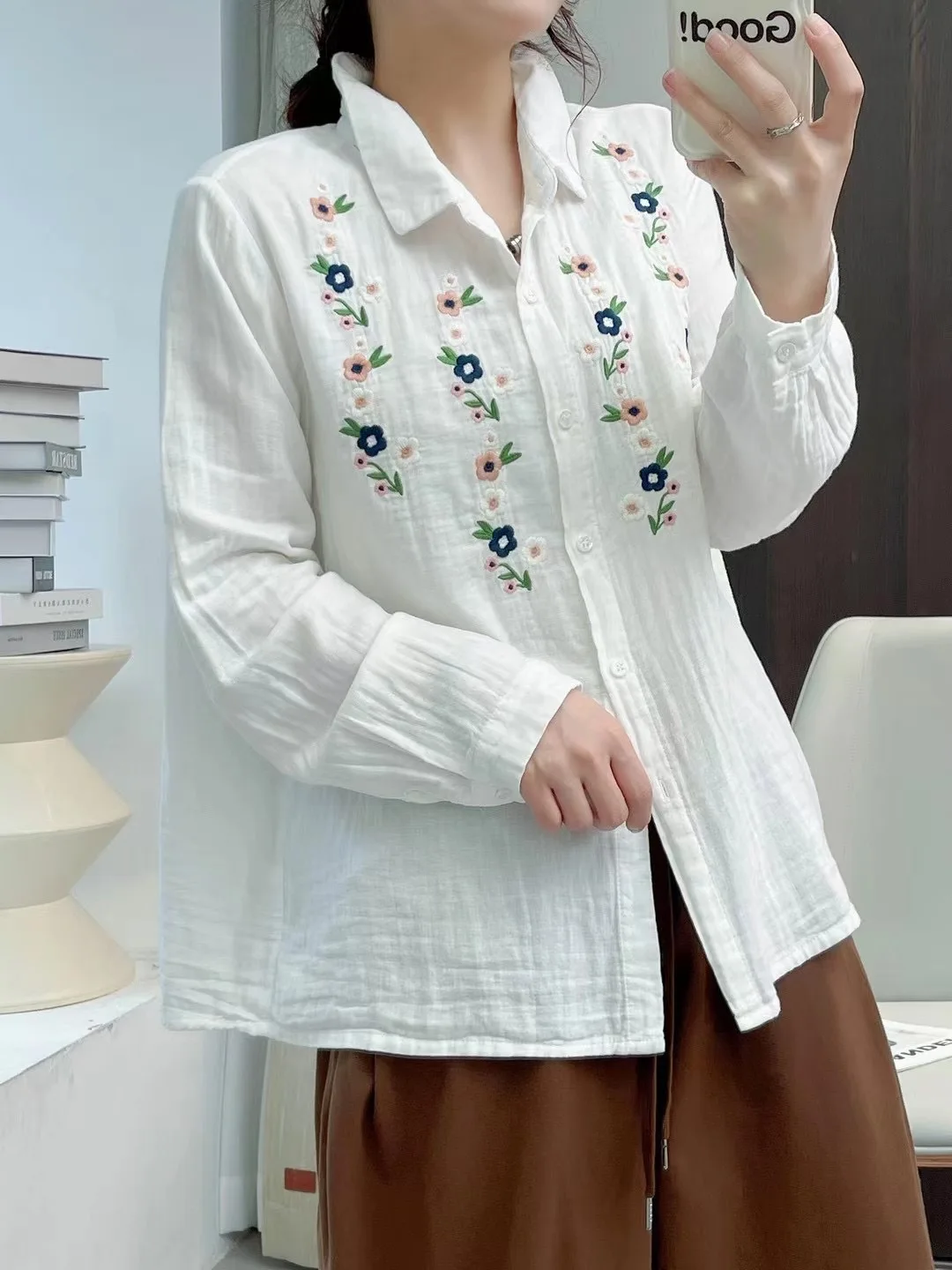 New Summer Cotton Long Sleeve Shirt, Women Lapel Embroidery Tops, Mori Girl Vintage Simplicity Loose Blouses, 2024 Fall T47885QC