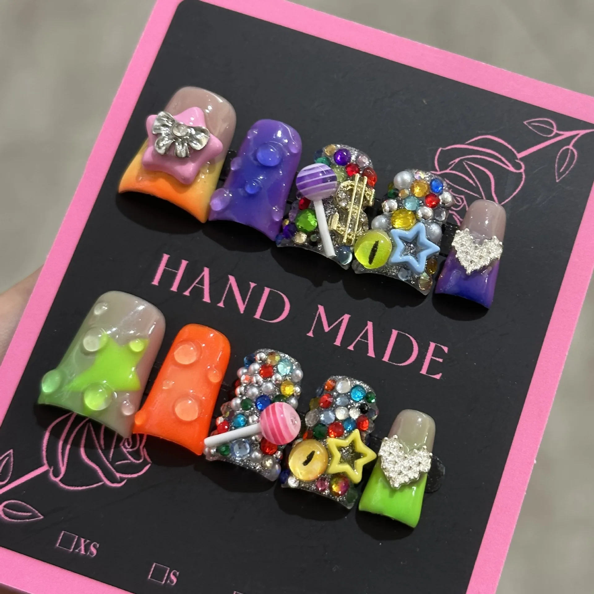 10pcs Short Duckbill Nail Tips Pink Leopard Print French False Nails 3D Flower Handmade Press on Nails Spicy Girls Fake Nails