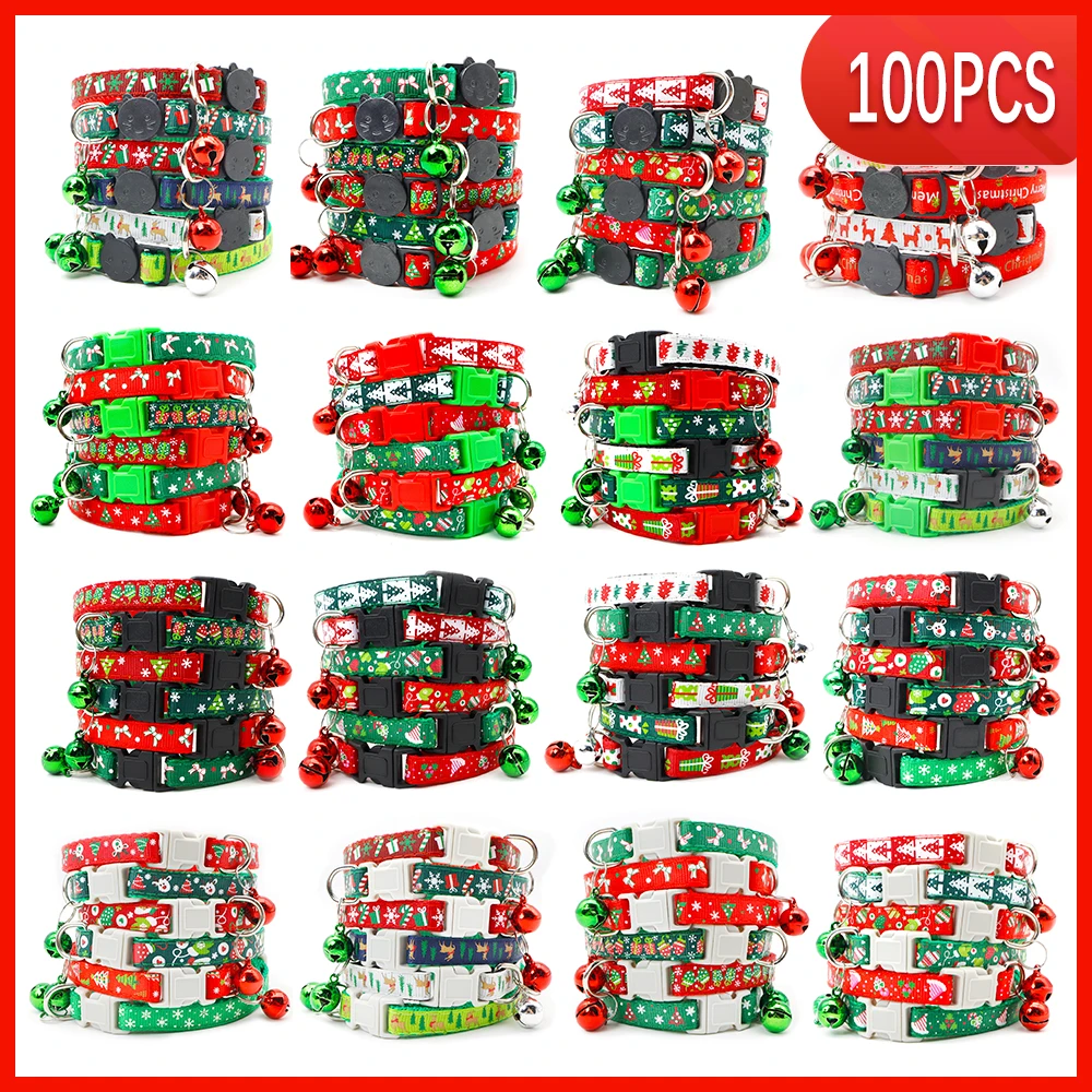 100PCS Dog Collar Christmas Pet Bow Tie New Year Santa Claus Cat With Bell Chihuahua Necklace Adjustable For Puppy Gifts