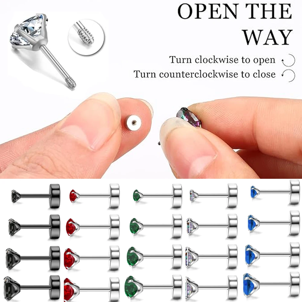 4Pairs Earrings for Sensitive Ears Hypoallergenic Flat Back Earrings Rainbow AB Cubic Zirconia Nap Pure Cartilage for Women Men
