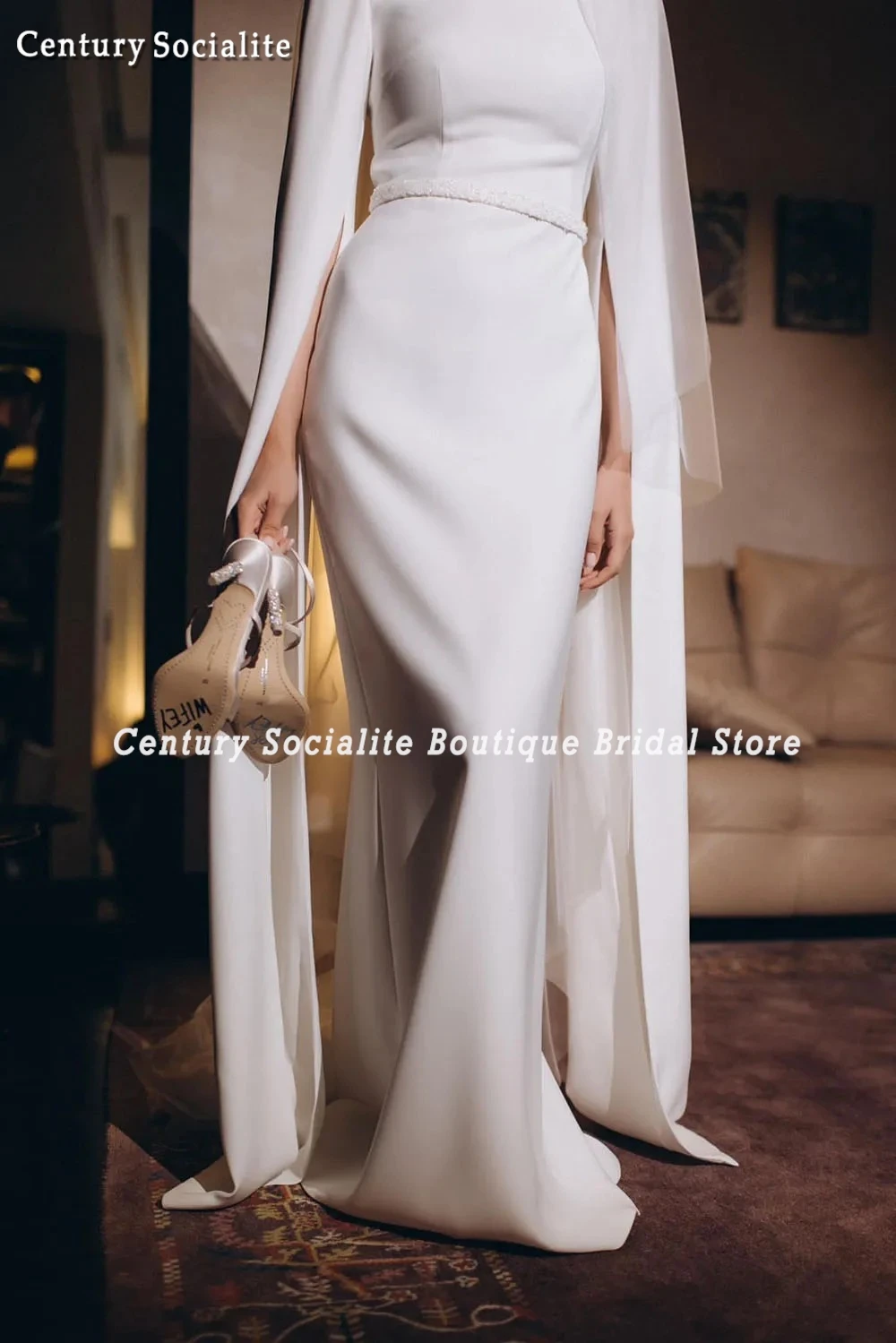 Abito da sposa arabo manica lunga cintura con perline crepe sirena abito da sposa musulmano abiti da sposa civili abiti da sposa personalizzati