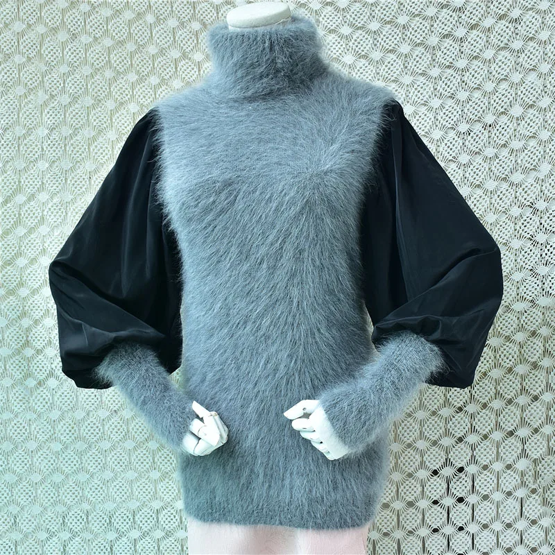 Women Mujer Autumn Winter Gray Hairy Angora Rabbit Hair Knitted Long Lantern Sleeves Turtleneck Slim Sweater Jumper Pull Tops