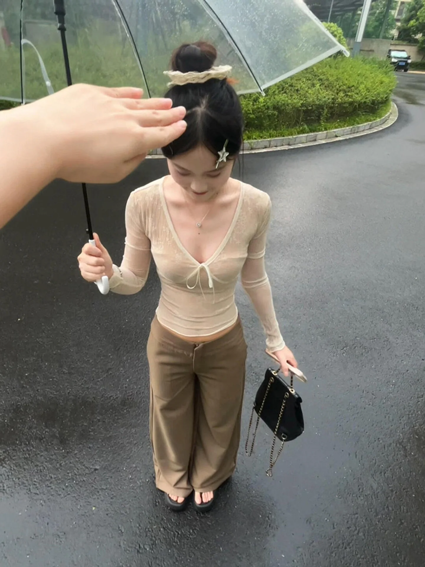 

Ретро-американский длинный топ-футболка для женщин, ранняя осень, в стиле Pure Desire, для дерзких девушек, облегающий, с V-образным вырезом, базовый топ