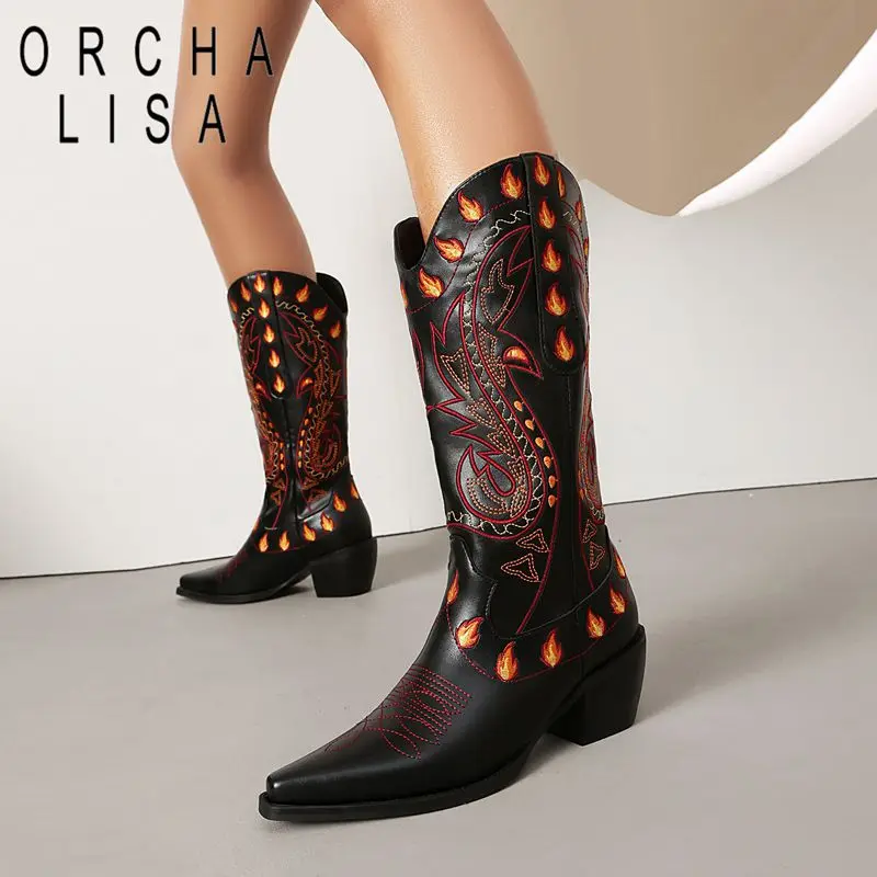 

ORCHA LISA Fashion Cowboy Western Boots Square Toe 5.6cm Block Heels Slip On Embroider Mixed Color Large Size 42 43 Fire
