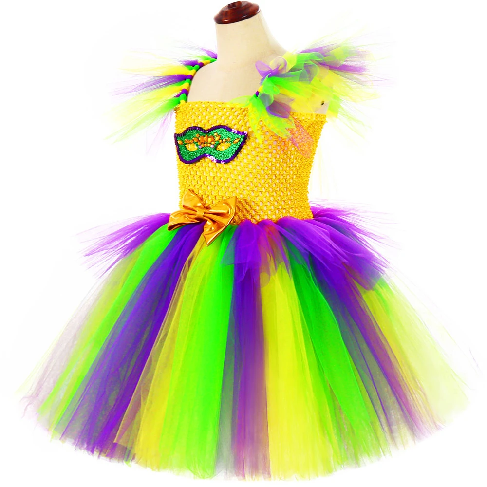 Mardi Gras Festival Tutu Dress for Girls Sparkly Carnival Costumes for Kids Masquerade Party Cosplay Outfits with Sequins Mask