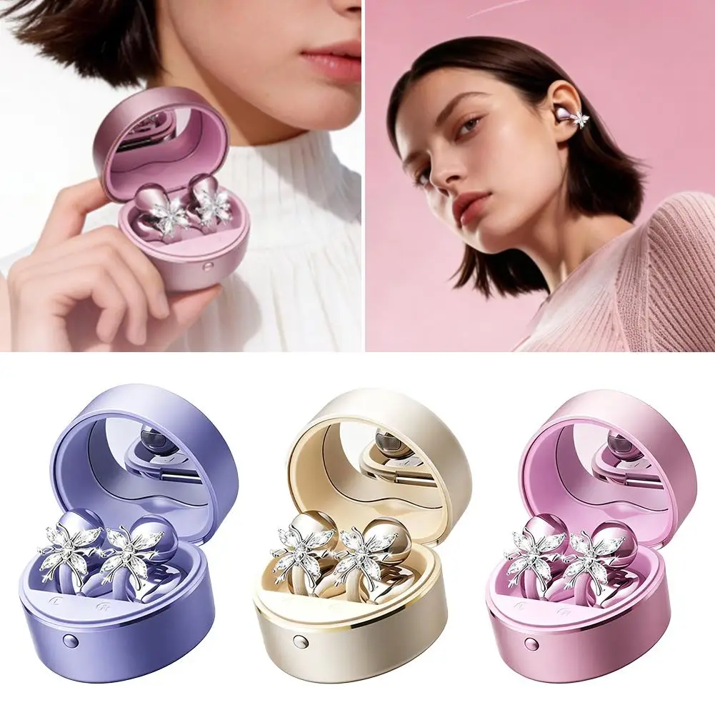 Clip-On Open Ear Earbuds with Detachable Sparkle Butterfly Earrings, Earrings-On Storage Case, Bluetooth 6.0 Wireless Headphones