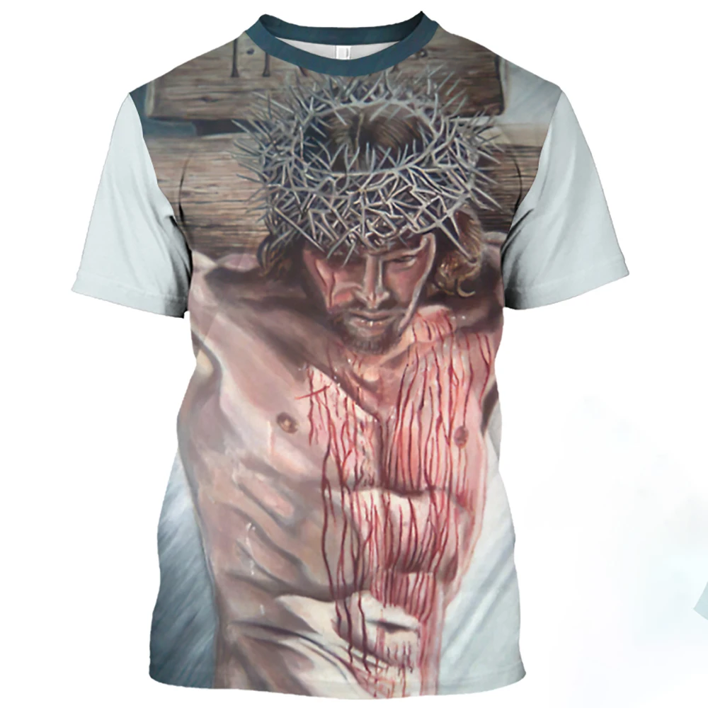 Men Jesus Christ Pattern T Shirt For Casual Loose O-Neck Oversized Short Sleeve Catholicism Print Quick-Drying Men's T-shirts