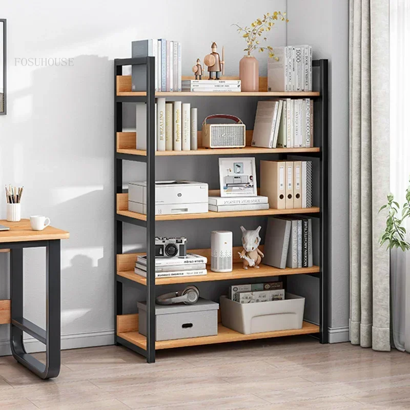 Wrought Iron Nordic Bookshelf for Living Room Furniture Modern Minimalist Metal Cabinet Household Wood Shelving Student Bookcase