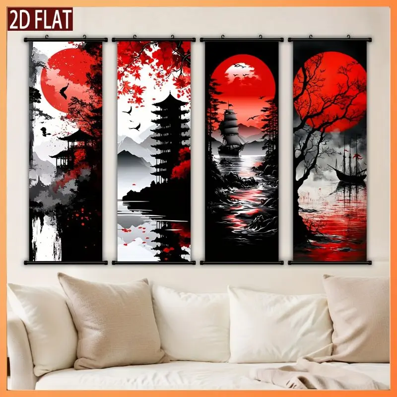 VIKAMA Monochrome Crimson Ink Wall Tapestry Scarlet Sun Pagoda Sailboat Pine Bird Japanese Sumi Scroll Art Home Decor Unique
