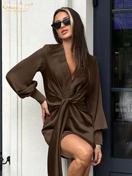 Clacive Fashion Loose Brown Satin Women's Dress 2025 Sexy V-Neck Long Sleeve Mini Dresses Elegant Classic Lace-Up Female Dress