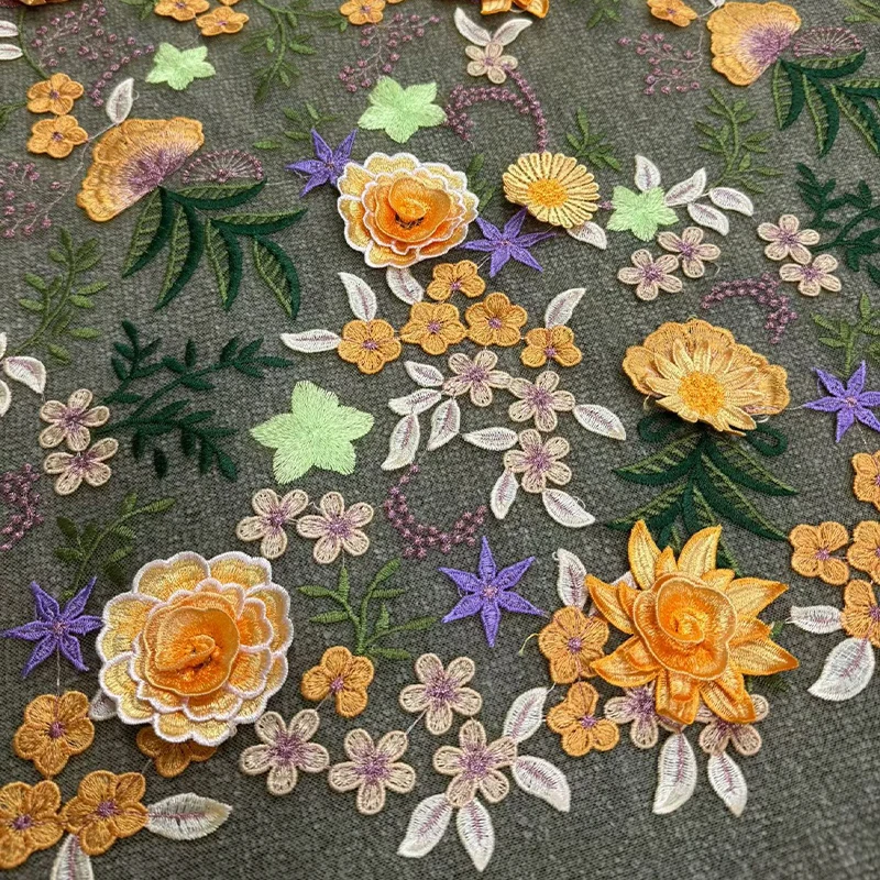 Multicolor 3D Embroidered Flower Soft Mesh Lace Fabric for Wedding Party Evening Dress DIY Luxury 130cm Width Sewing Material