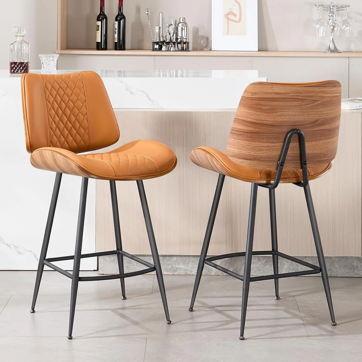 

Counter Height Barstools Set of 2, 26.9" Armless Stools with Metal Legs, Walnut Pub Chair in Modern Style,PU, Customized
