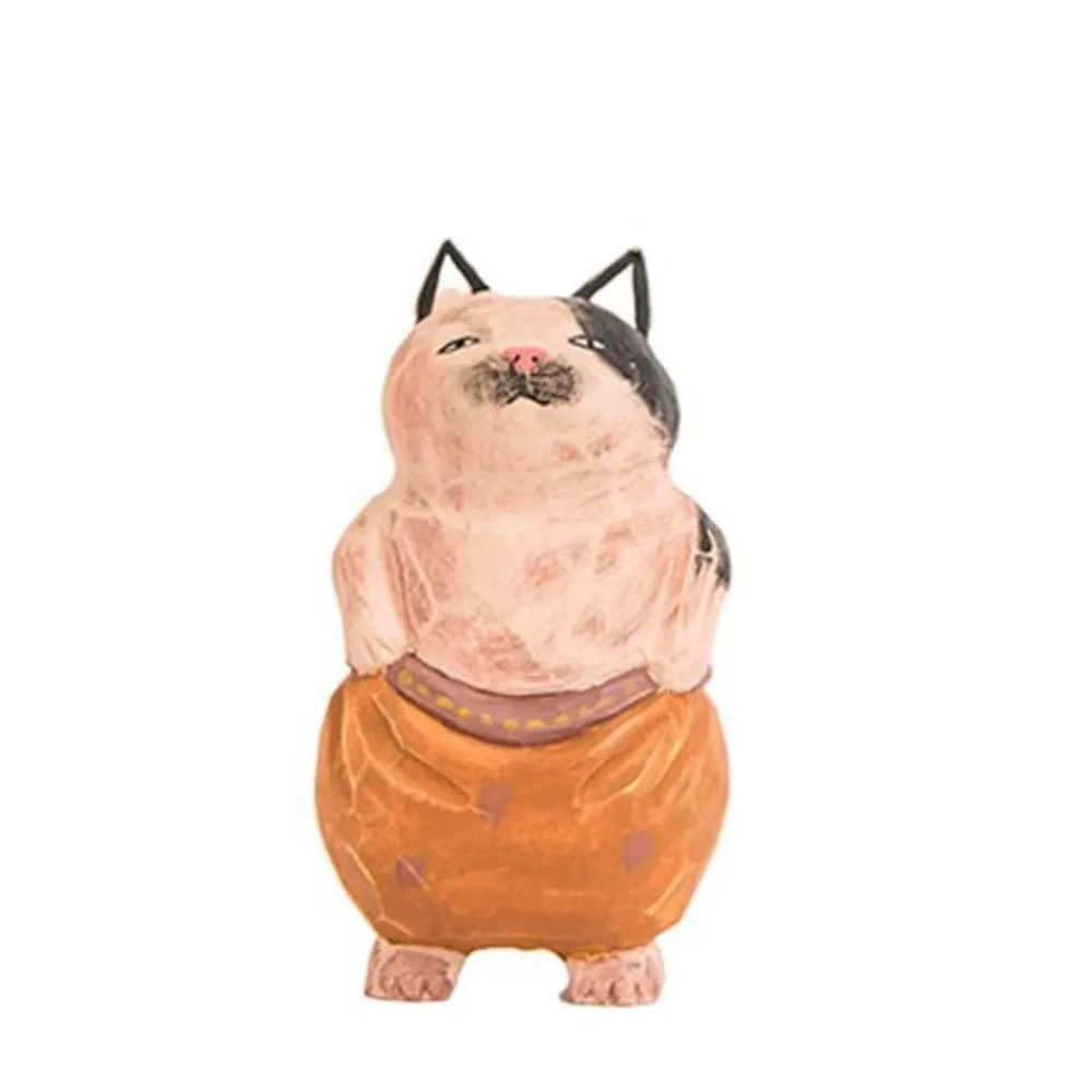 

Cute Wood Carving Cat Ornament Small Solid Wood Painted Cartoon Cat Sculpture Handmade Simple Style