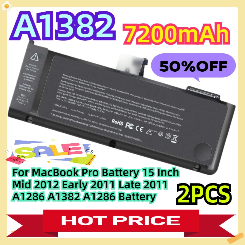 

A1382 For MacBook Pro Battery 15 Inch Mid 2012 Early 2011 Late 2011 A1286(7200mAh)) A1382 A1286 Battery 2pcs