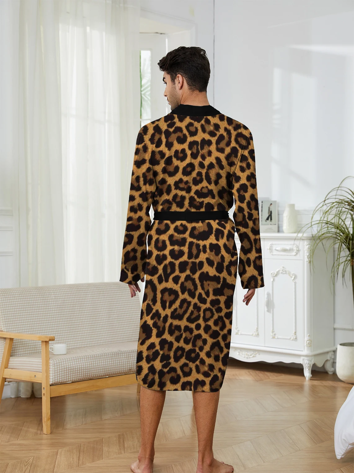 Spring and Autumn Home Casual Sleeping Robe Men's Robe Quick Drying, Fun Robe Digital Printed Leopard Pattern