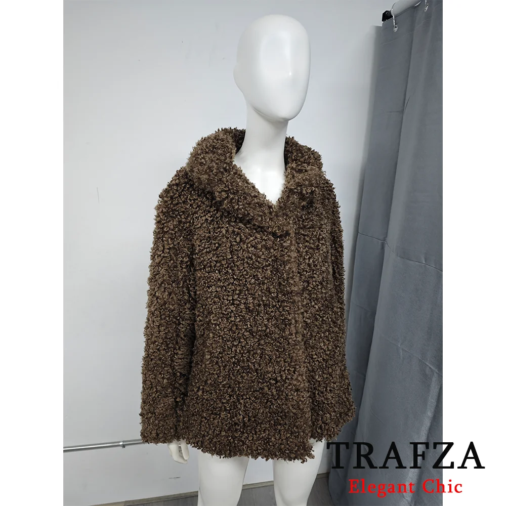 TRAFZA Women Fall Winter Teddy Shaggy Coat Vintage Lapel Luxury Jacket Coat New 2024 Fall Winter Fashion Retro Loose Fleece Coat