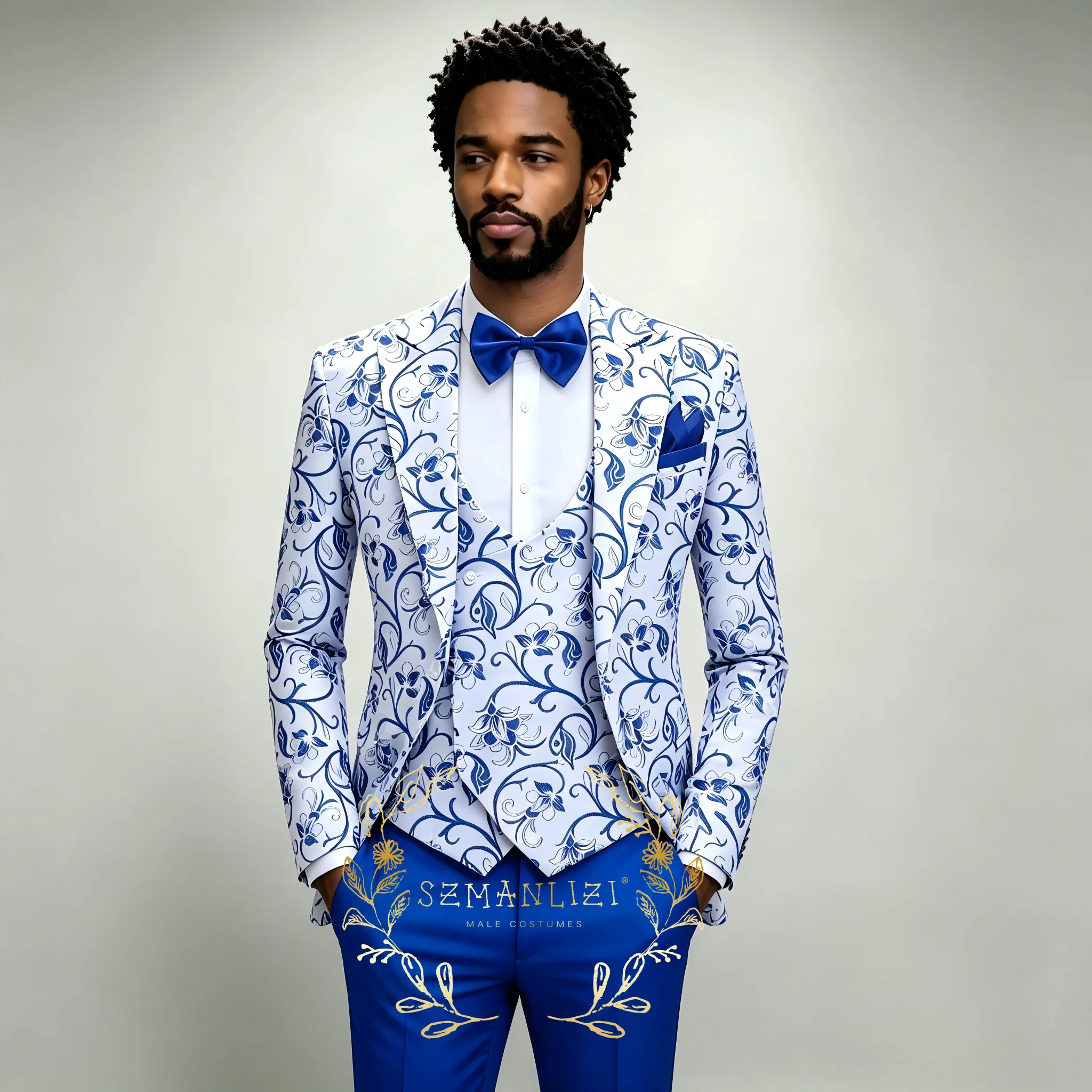 Luxury Floral Men's Suits 3 Pieces Set Peaked Lapel Single Breasted for Wedding Party Tuxedos Prom Slim Fit Blazer Customized