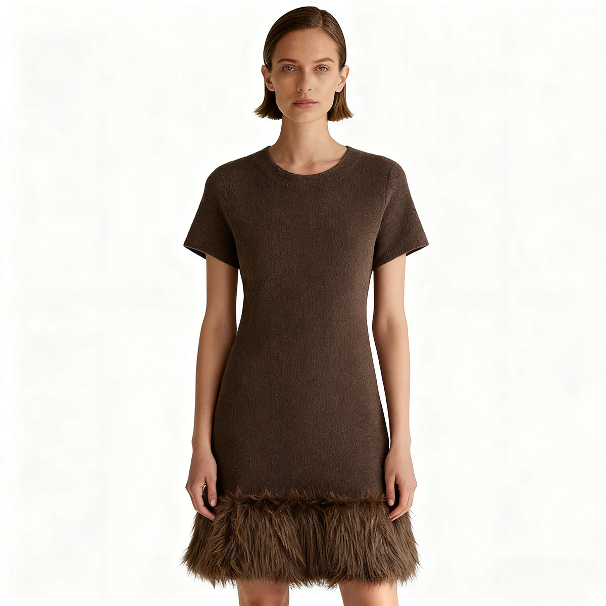 

BJTZ 2026 Spring Autumn Women’s Faux Fur Patchwork Knit Dress Long Sleeve Elegant Chic Designer Style Casual Wear