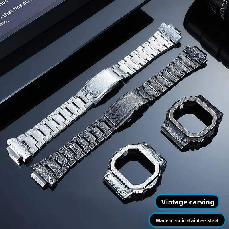 For G-SHOCK Casio 5600 5610 DW5600 GW-M5610 GWB5600 Retro Engraved Metal Bezel Band Mod Kit Vintage Paisley Steel Case Strap Men
