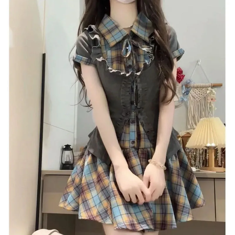 

Japan Jk 2 Piece Sets Women Summer Short Sleeve Slim Plaid Dress Lady Sweet Bandage Casual Cardigan