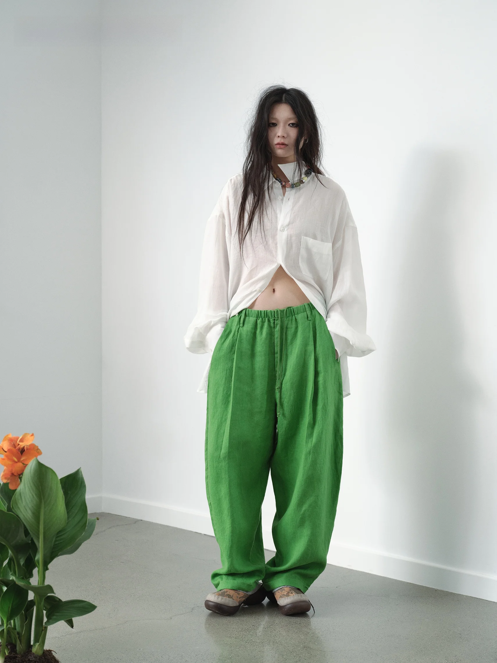 

VERMO Summer Colors Unique Vegetable And Fruit Green Comfortable Breathable Pure Linen Loose Cuffed Casual Pants
