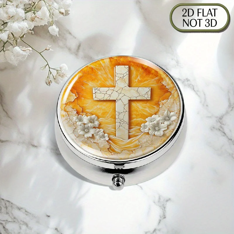 1 portable round metal pill box with a desert cross enamel pattern – suitable for travel, storing medication and vitamins, compact flat design