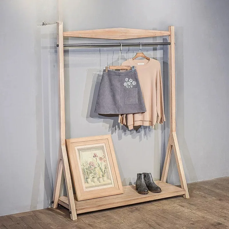 Women's clothing store hanger display rack with wheels floor-to-ceiling wall shelf retro men's clothing decoration positive hang