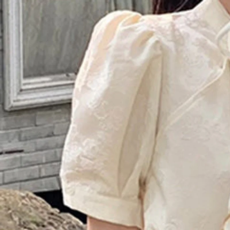 Blouses Women Chinese Style Puff Sleeve Unique Summer Vintage Lace-up Design Sweet Solid Casual Chic Elegant Fashion Temperament