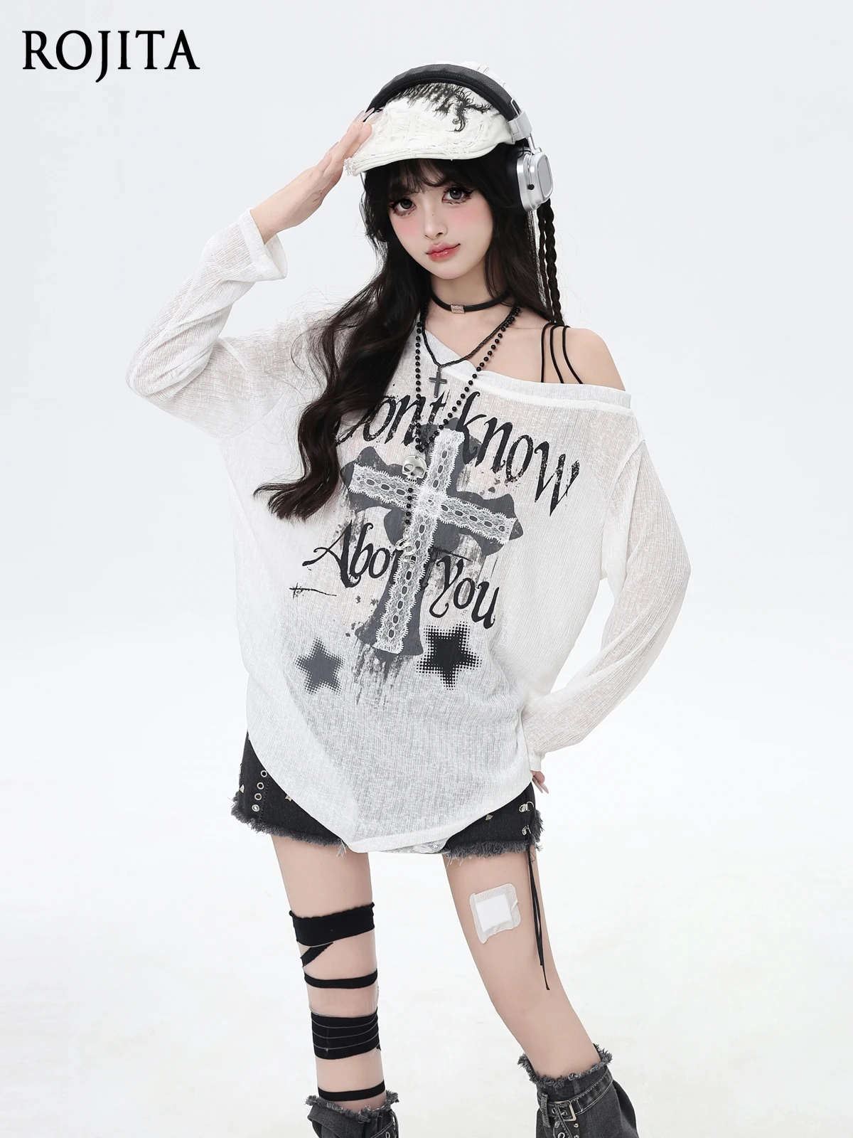 

Subculture Sweet and Cool Black and White Loose and Versatile Thin Blouse Top T-shirt Autumn New Transparent Long Sleeve T-shirt