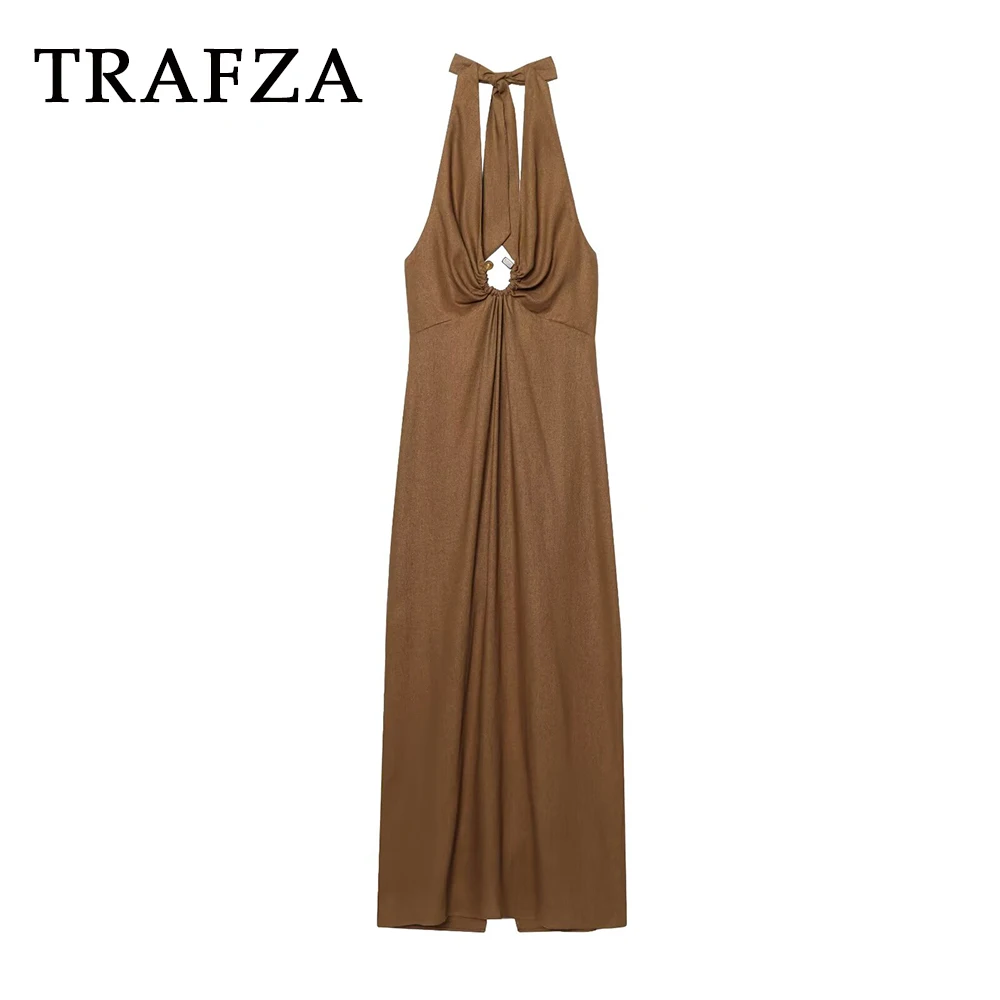 

TRAFZA Chic Brown Sexy Chic Hollow Out Split Woman Dresses Elegant Fashion 2025 Birthday Evening Party Dress Tank Long Vestidos