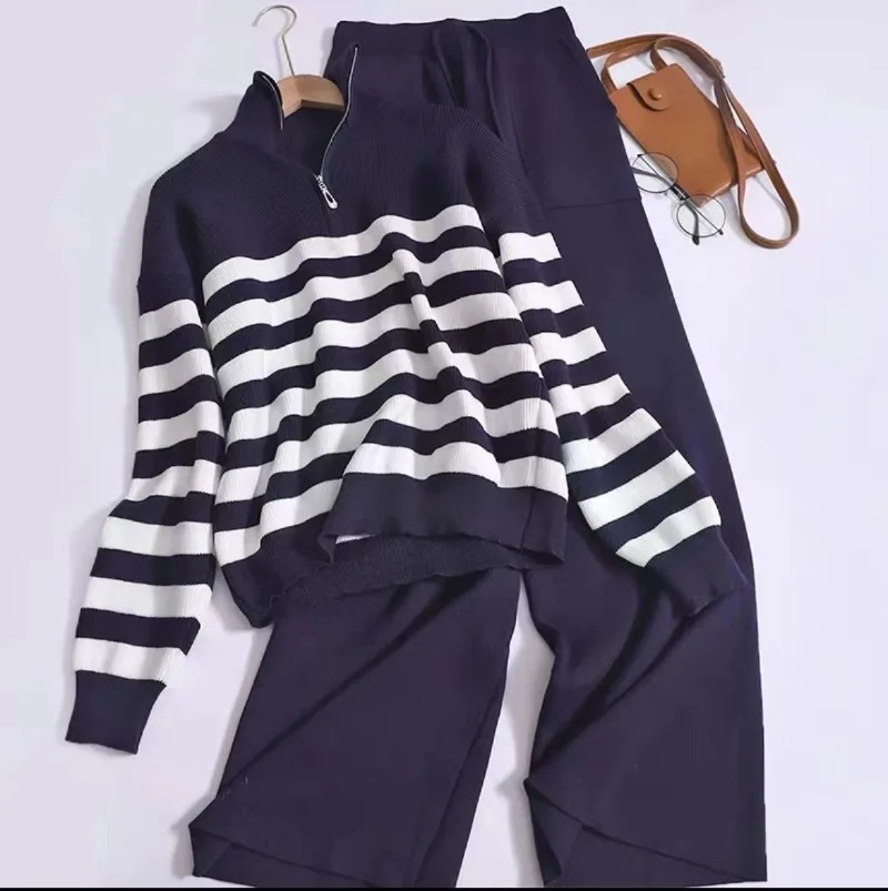 Casual Zipper lapel striped loose sweater Pullovers+lace up pocket skinny knit pants 2-piece Sets Winter fashion women's set