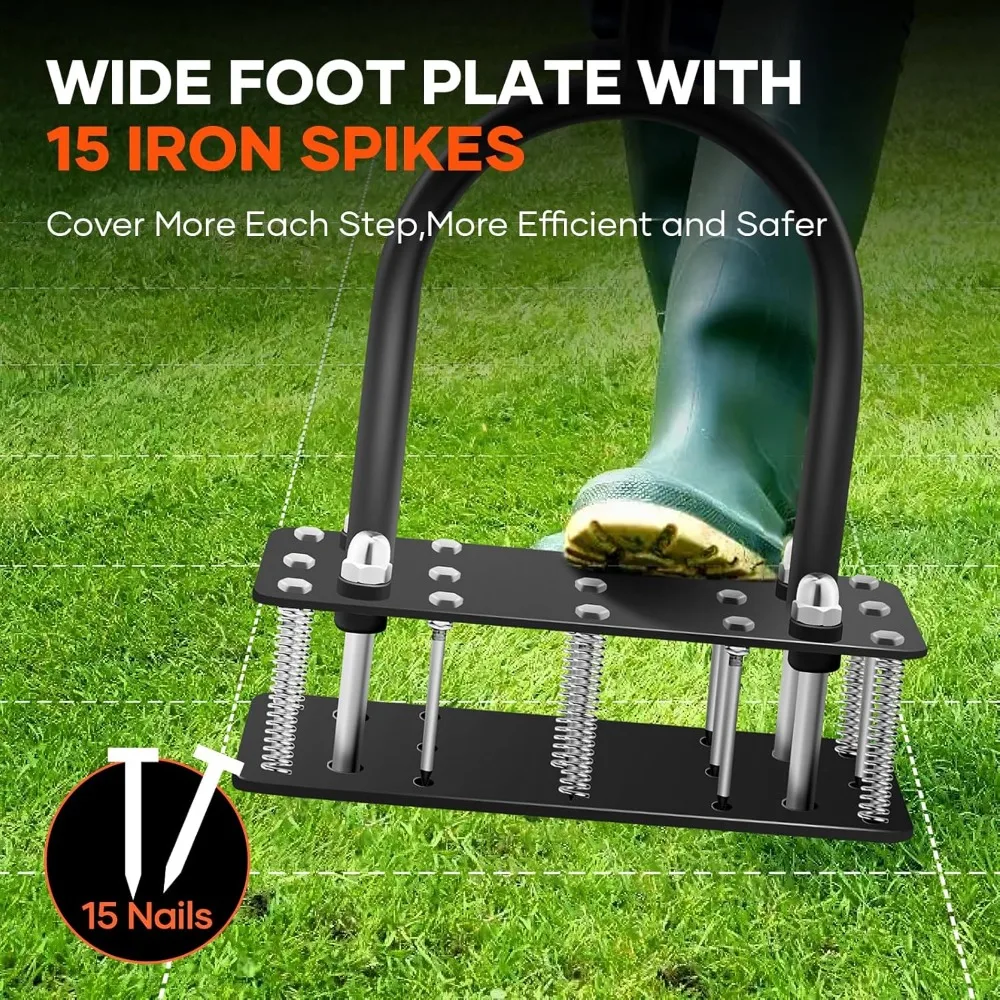 

Lawn Aerator, Lawn Aerator Tool with 15 Iron Spikes, Automatic Leaf and Dirt Cleaning
