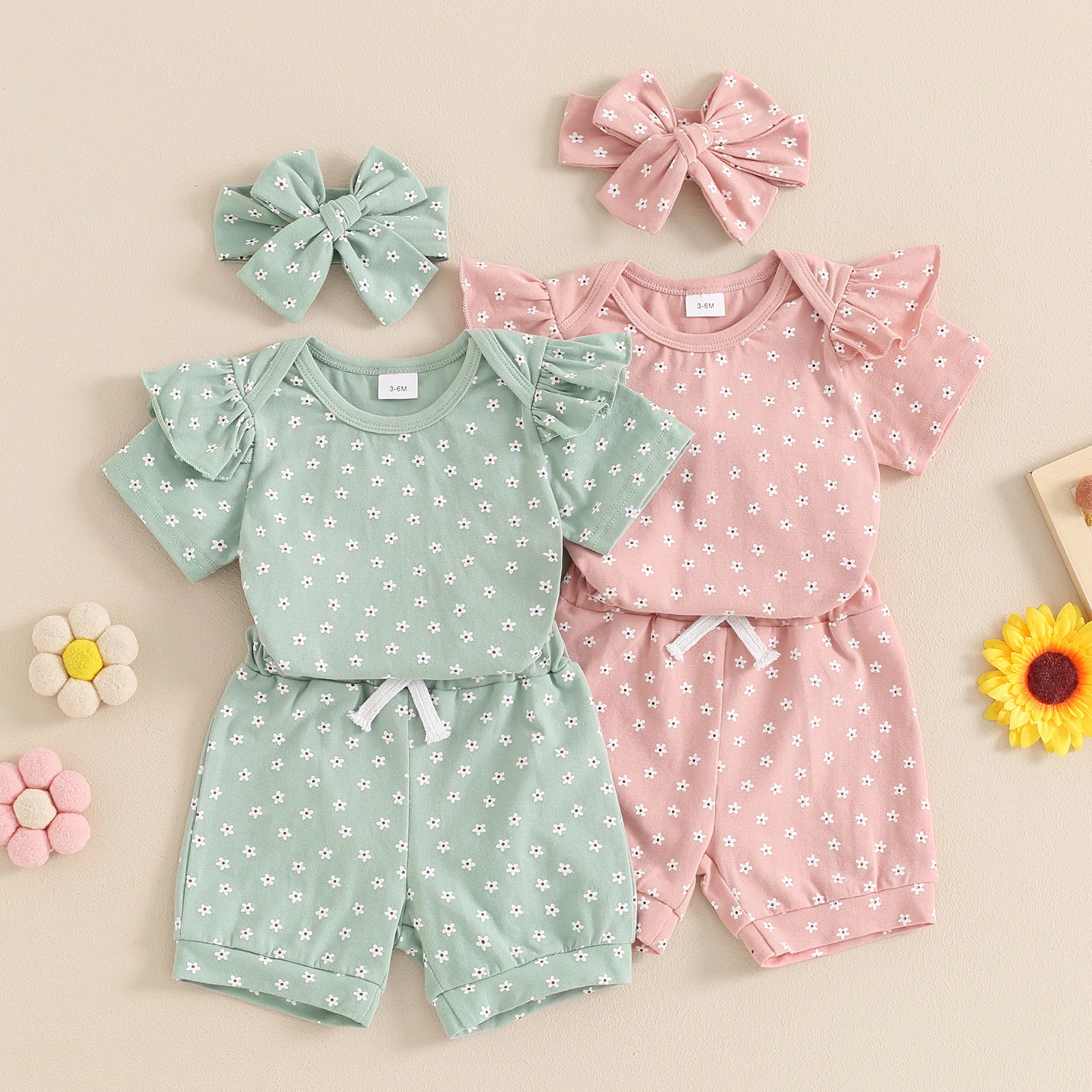 

3pcs Set Baby Girls Summer Shorts Sets Flying Sleeve Floral Print Romper Shorts Headband Sets Princess Girls Clothing